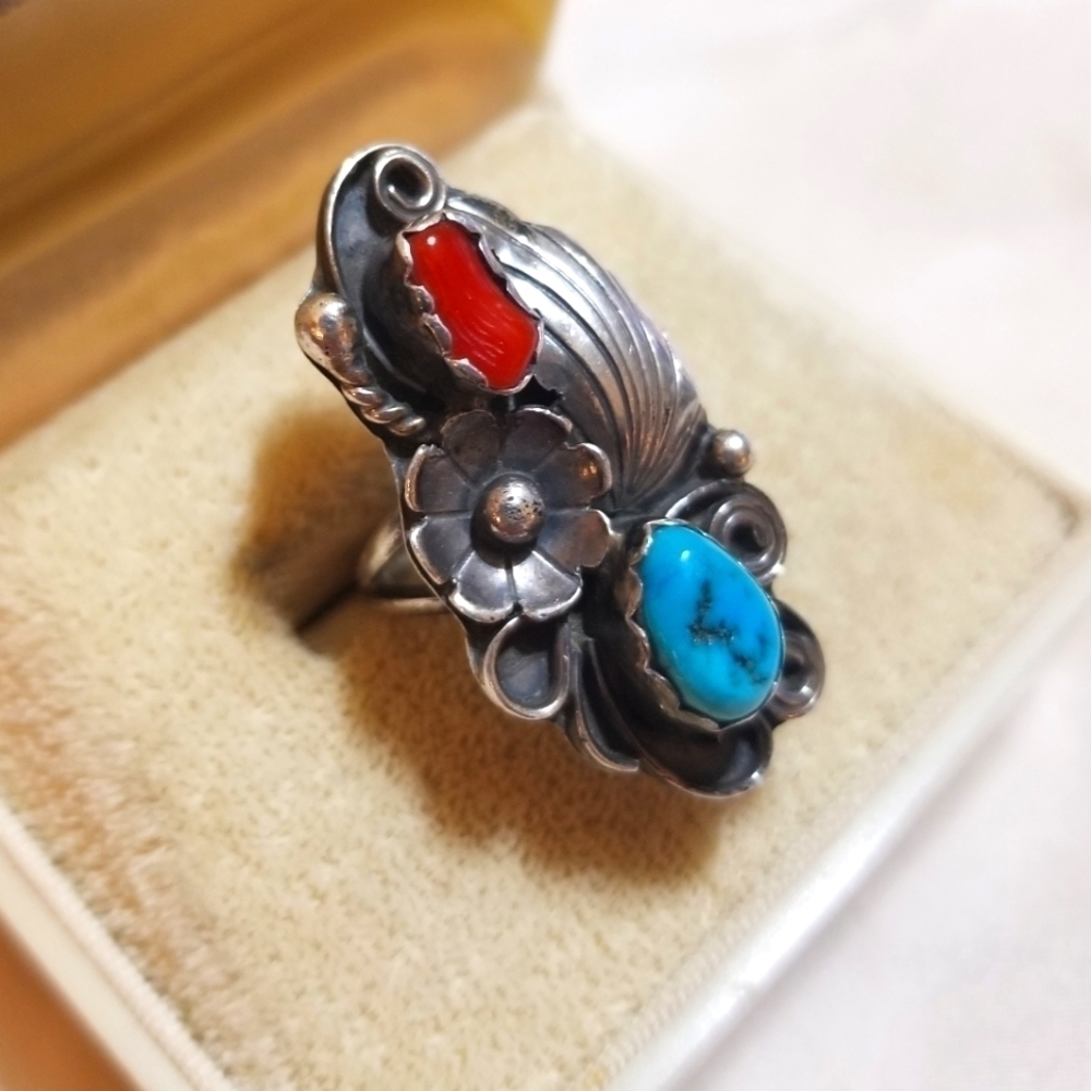 Navajo JR RALPH JOHNSON Coral Turquoise Sterling Ring - Picture 4 of 8